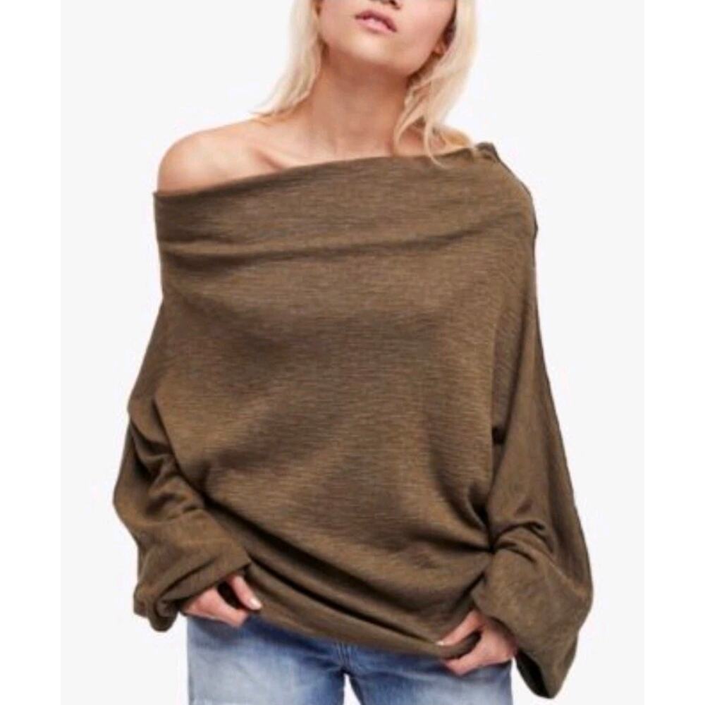 We The Free People Skyline Thermal Olive Green Top Long Sleeve Slouchy Boho M